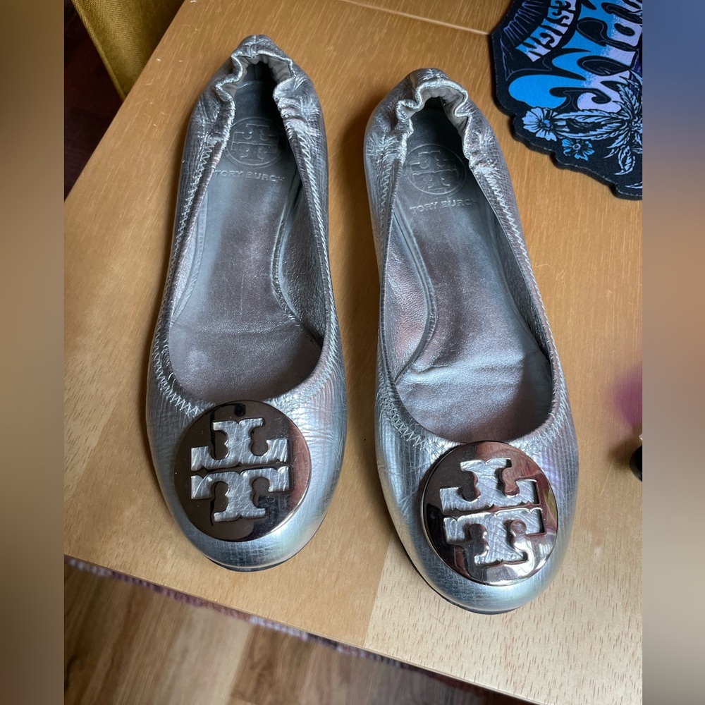 Tory Burch Metallic Silver Reva Ballet Flats